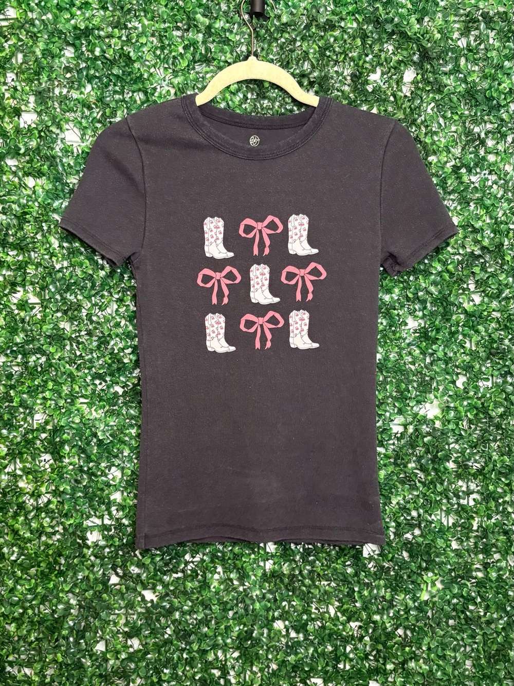 Vintage Threadz Short Sleeve Tee Charcoal grey, Pink Bow & White Boot Graphic